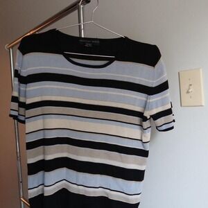 Geoffry Beene Blue Cream Black Stripped‎ Short Sleeve Sweater Top